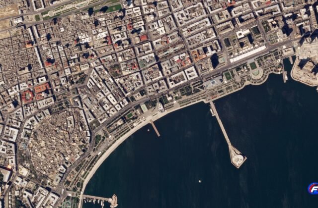 Vue satellite réelle du Baku City Circuit et du front de mer de Bakou en avril 2018.