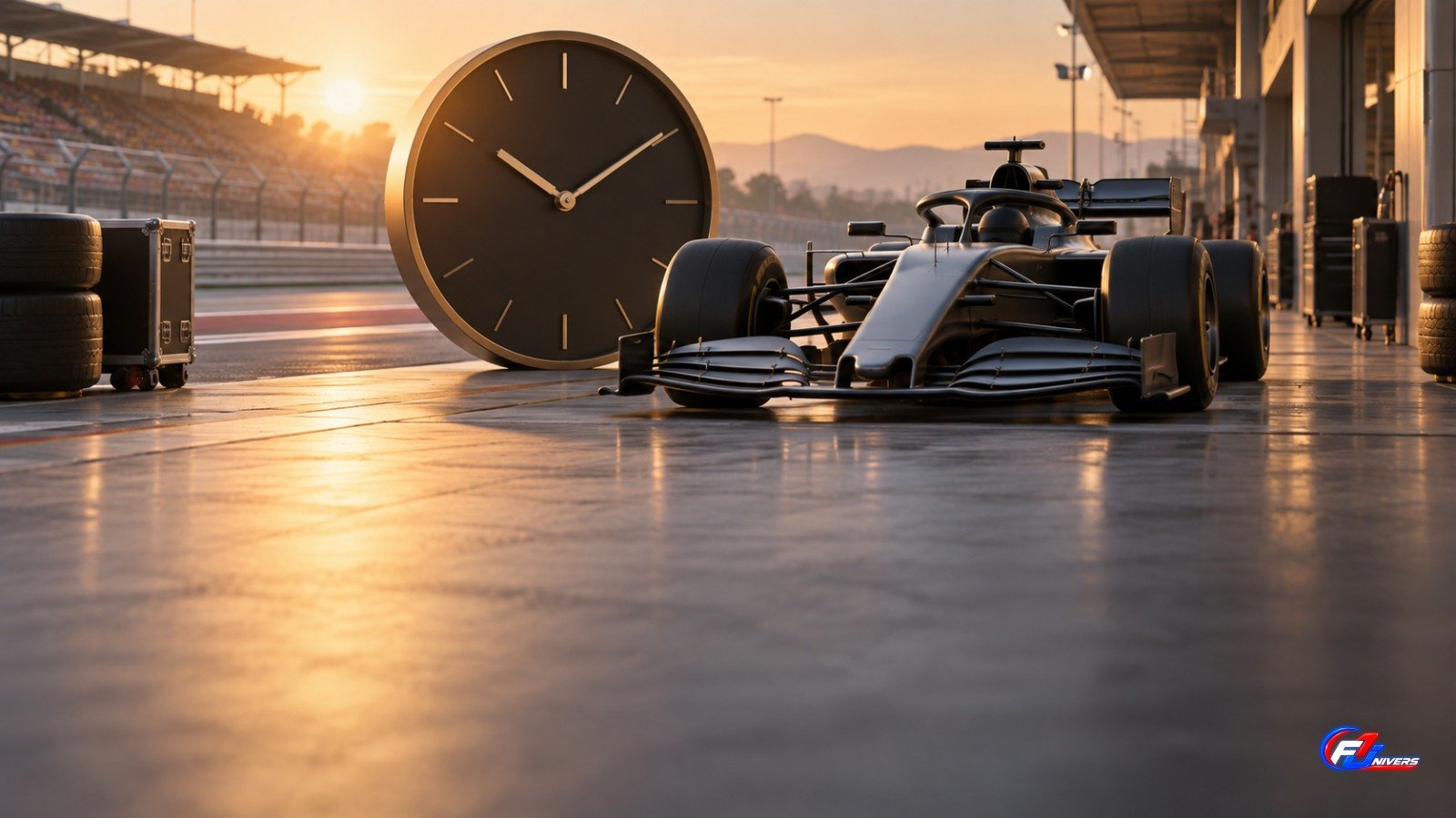 Illustration IA d une monoplace générique à côté d un cadran abstrait pour évoquer les horaires de course