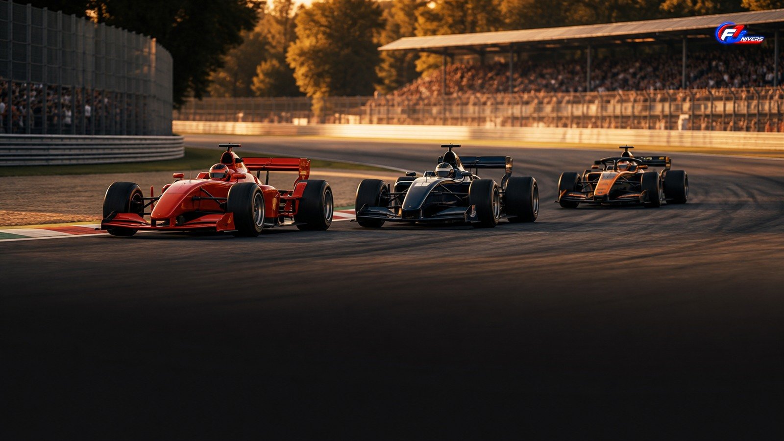 Trois monoplaces fictives sur un circuit inspiré de Monza, pour illustrer les moments marquants du Grand Prix d’Italie
