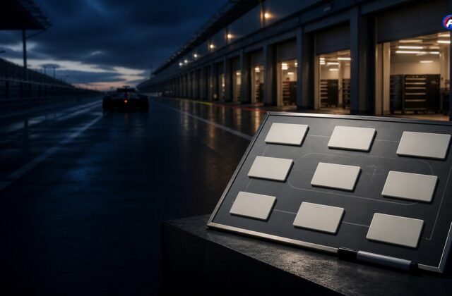 Tableau fictif de stratégie devant des garages de Formule 1 fictifs