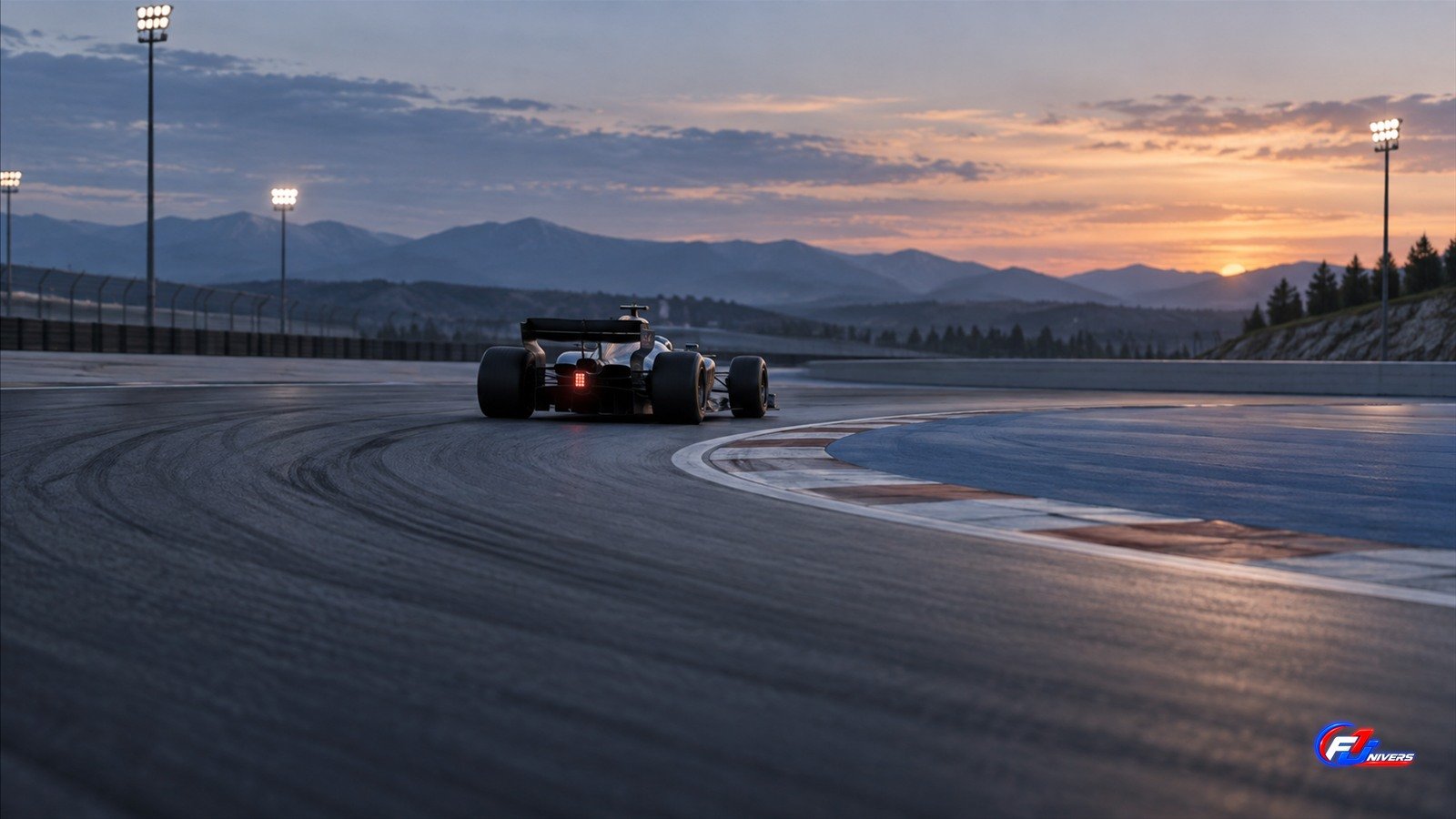 Visuel éditorial généré par IA d’une monoplace générique sur un circuit fictif au crépuscule