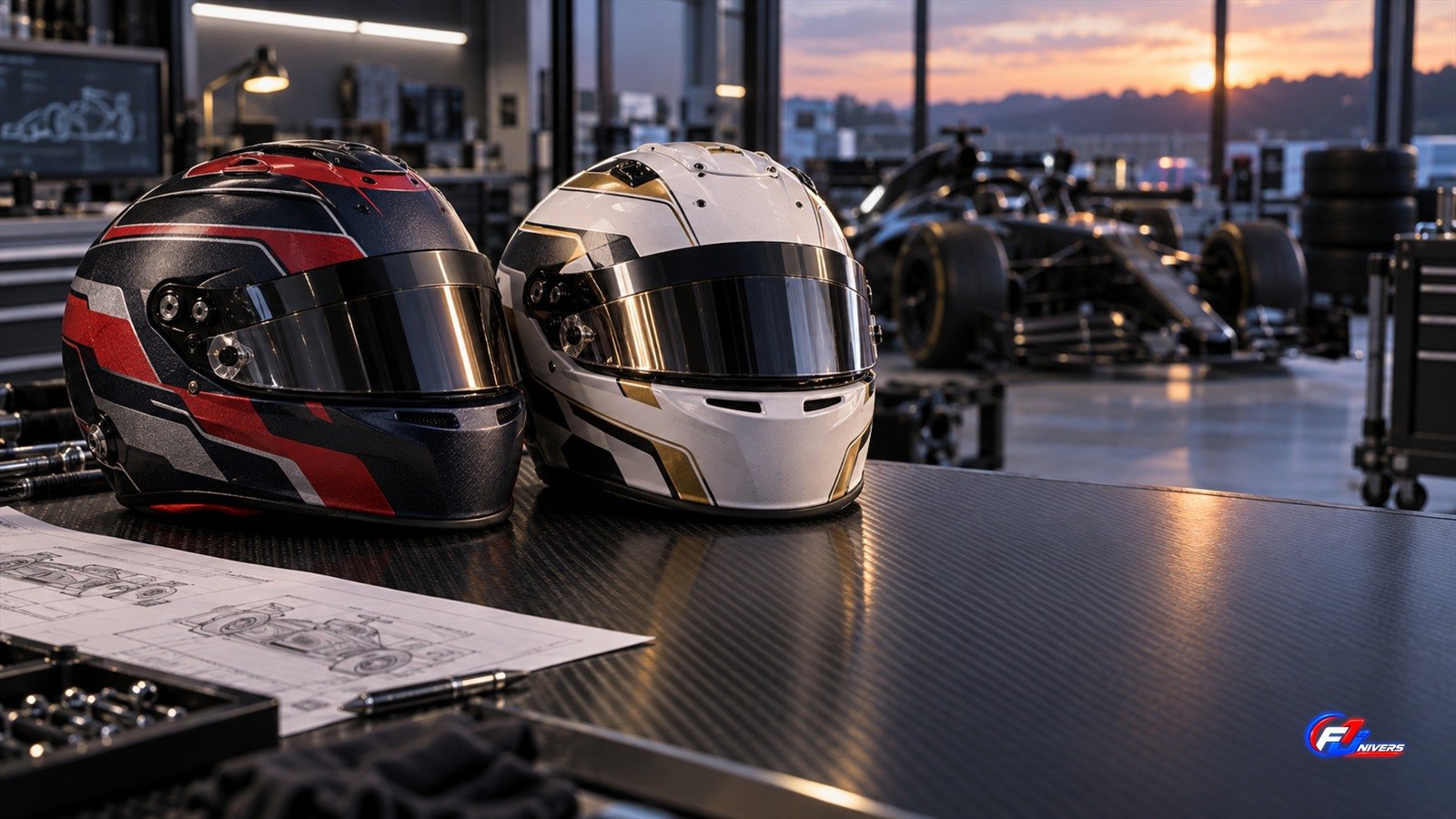 Hadjar prolongé chez Red Bull : visuel éditorial IA d un atelier de course fictif avec deux casques non identifiés.