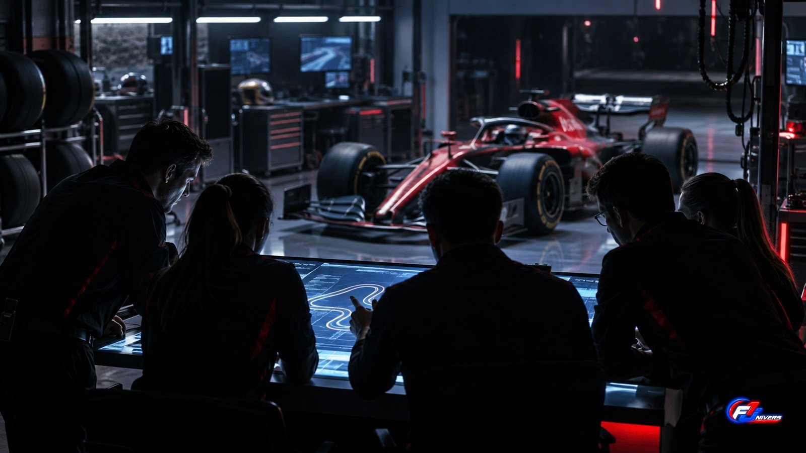 Hamilton dément les rumeurs : visuel éditorial généré par IA montrant une équipe fictive autour d’une stratégie de course.