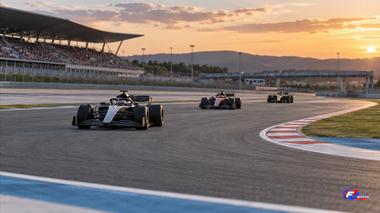 Visuel éditorial généré par IA de trois monoplaces génériques espacées sur un circuit fictif