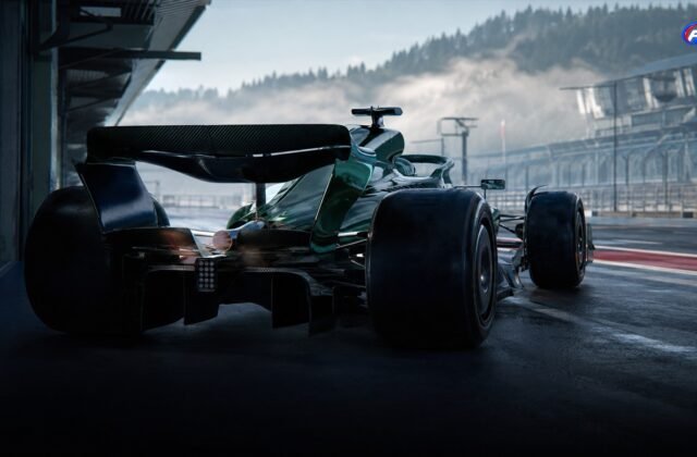 Monoplace générique vert foncé vue de l’arrière dans une voie des stands, visuel éditorial généré par IA pour F1 Univers.