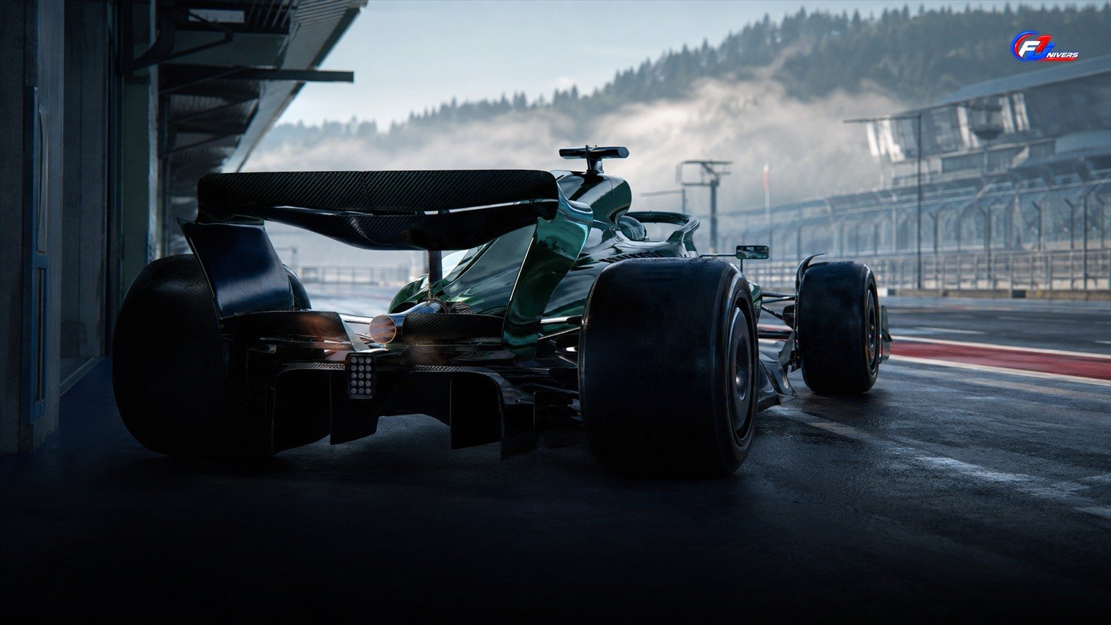 Monoplace générique vert foncé vue de l’arrière dans une voie des stands, visuel éditorial généré par IA pour F1 Univers.