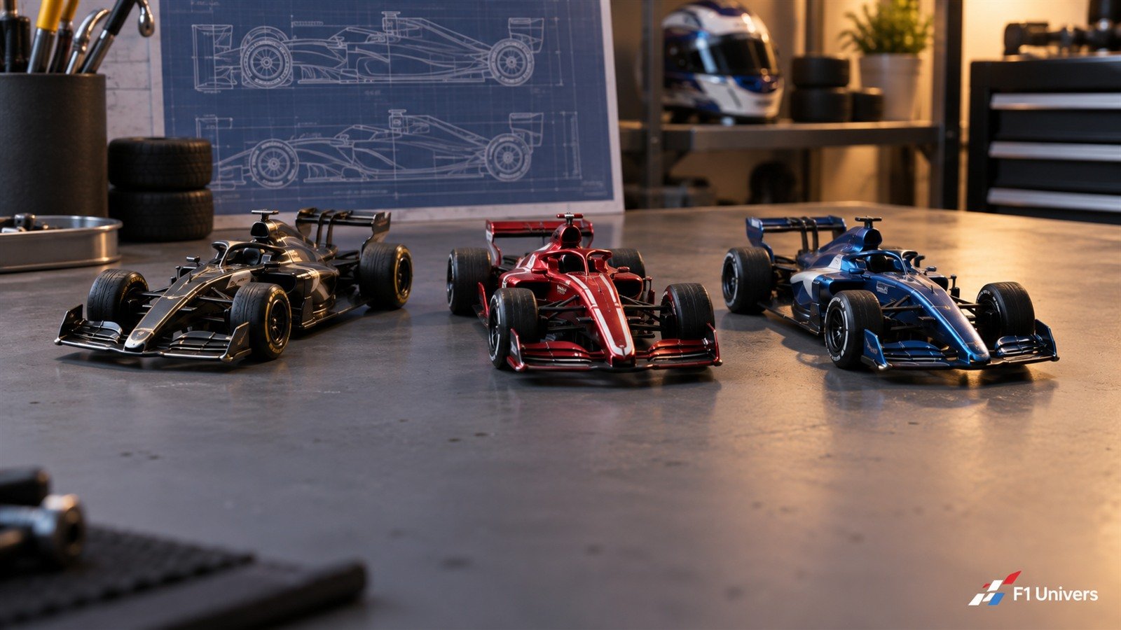 Hot Wheels Infinite Rush F1 : visuel éditorial généré par IA d une collection fictive de mini-monoplaces.