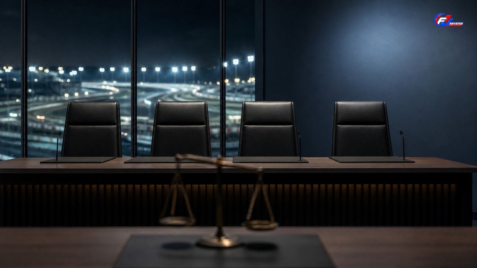 Salle d’audience fictive de quatre fauteuils devant un circuit nocturne, visuel éditorial généré par IA pour F1 Univers.