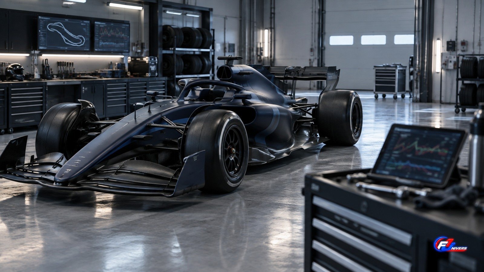 Hadjar devant Verstappen à Bakou : visuel éditorial IA fictif d une monoplace générique dans un atelier de réglages.