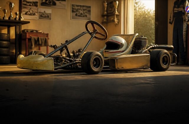 Kart fictif dans un garage, illustrant le souvenir du premier kart de Jack Doohan