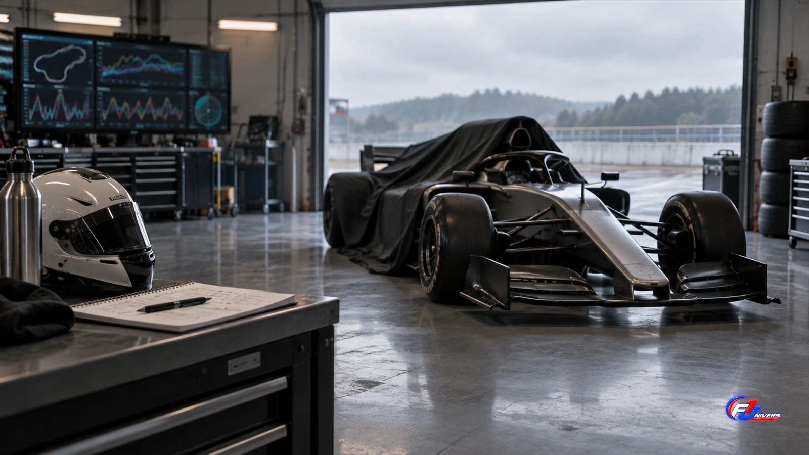 Jamie Chadwick en F1 : visuel éditorial IA fictif d un garage d essais privés avec une monoplace générique.
