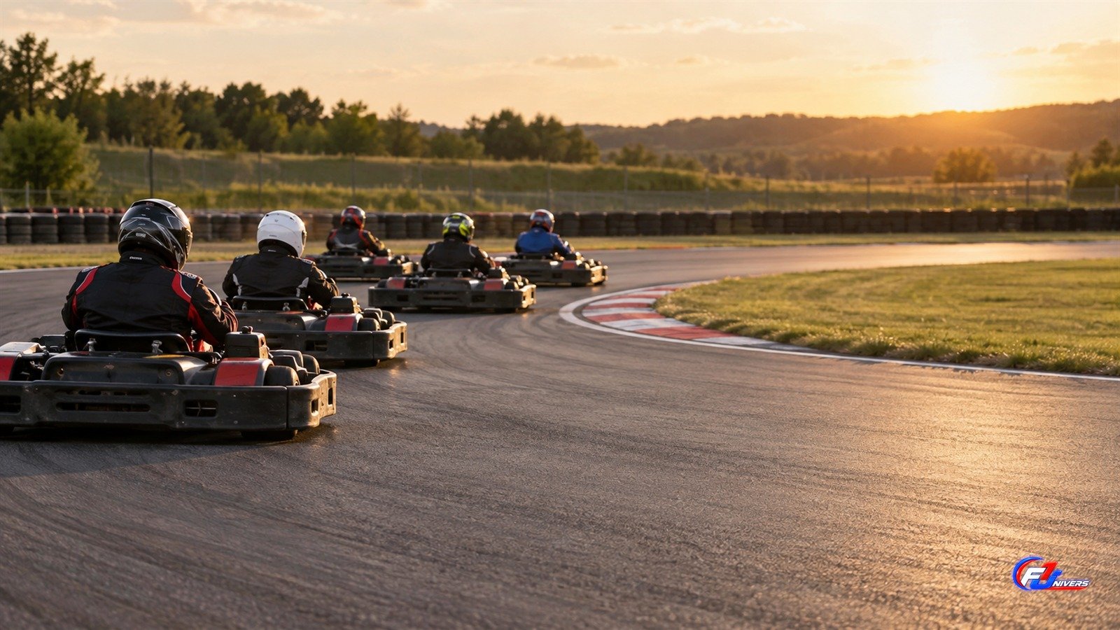 Peloton de karts fictif roulant en file dans un virage, visuel éditorial généré par IA