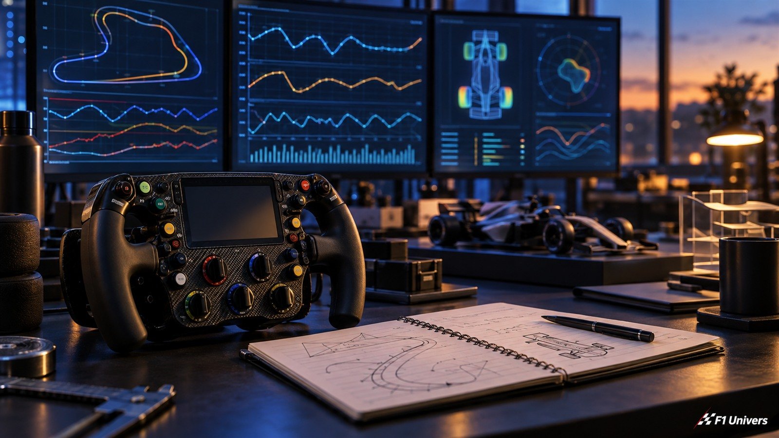 Style Hamilton chez Ferrari : visuel éditorial généré par IA d une analyse fictive de pilotage.