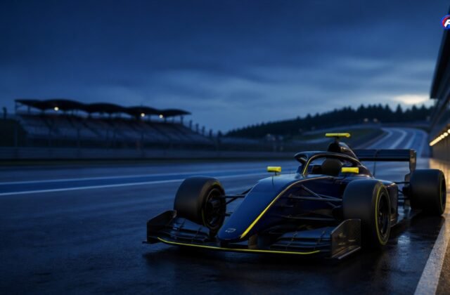 Monoplace junior fictive bleu nuit et jaune sur un circuit au crépuscule