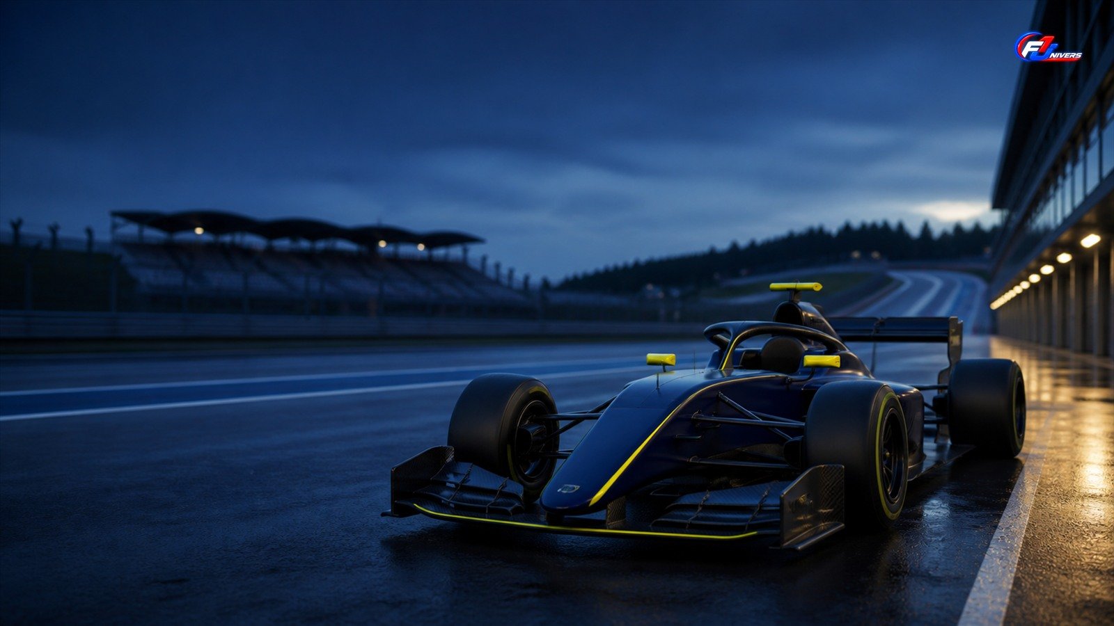 Monoplace junior fictive bleu nuit et jaune sur un circuit au crépuscule