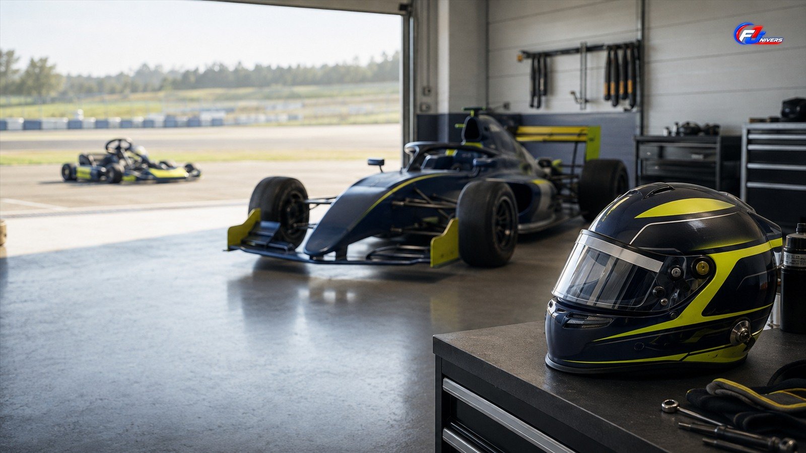 Atelier fictif montrant un kart, une monoplace junior et un casque pour illustrer le parcours de formation