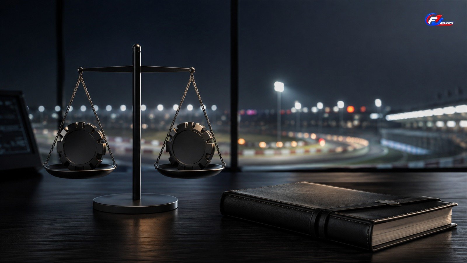 Balance fictive avec deux jetons de chronométrage génériques devant un circuit nocturne, visuel éditorial généré par IA pour F1 Univers.
