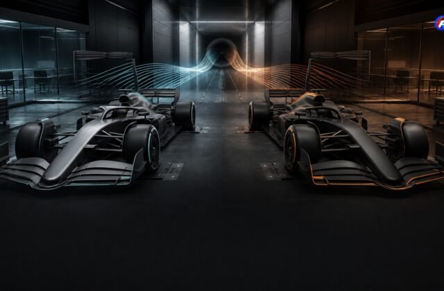 Deux monoplaces fictives dans une soufflerie symbolisent la bataille de développement entre Mercedes et McLaren — visuel éditorial généré par IA