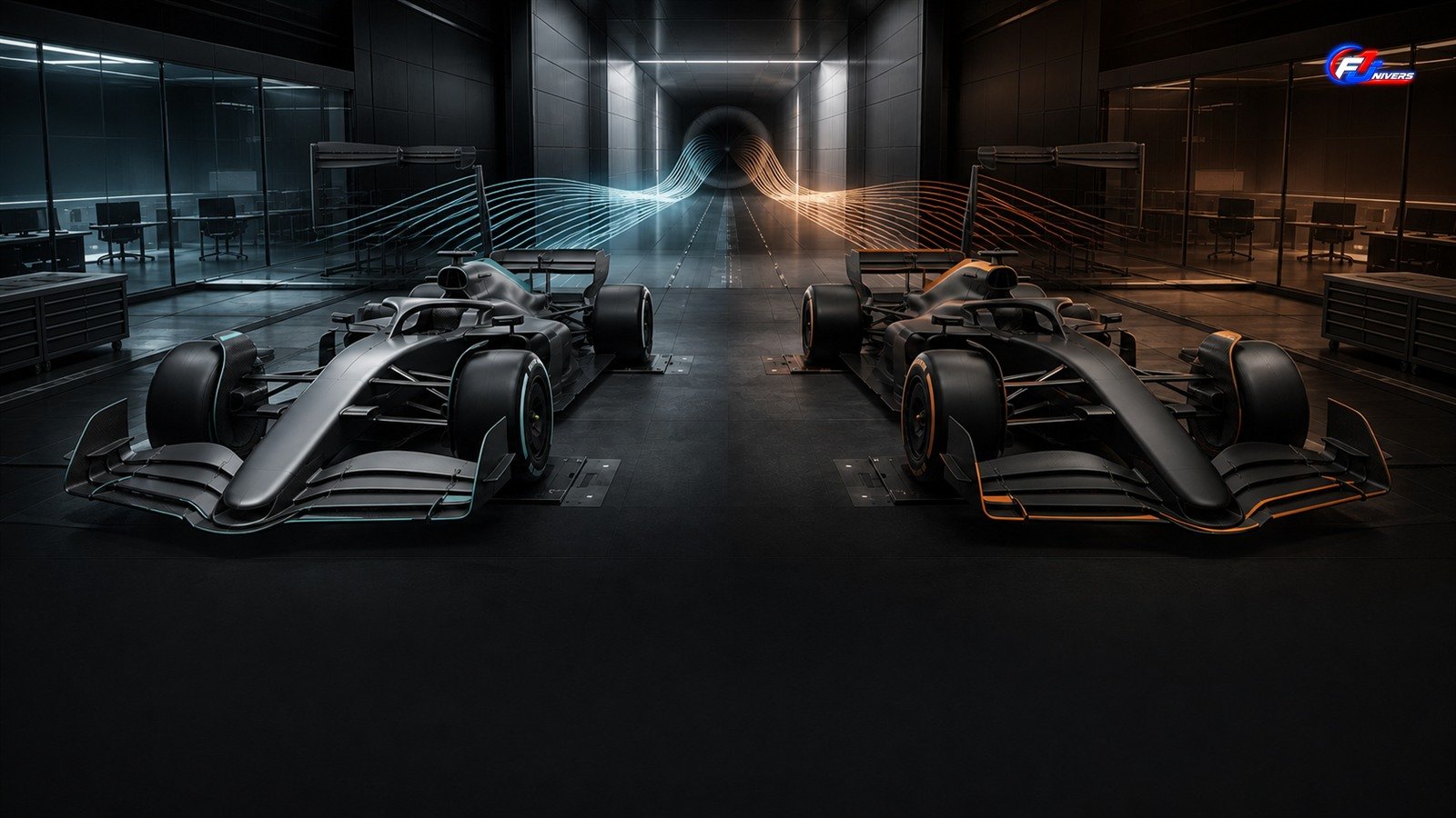 Deux monoplaces fictives dans une soufflerie symbolisent la bataille de développement entre Mercedes et McLaren — visuel éditorial généré par IA