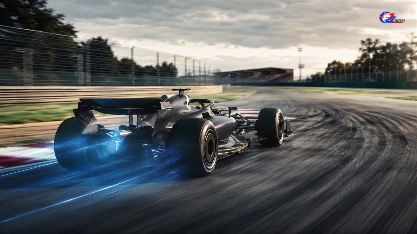 Monoplace générique quittant une zone de freinage avec un sillage bleu conceptuel, visuel éditorial généré par IA pour F1 Univers.