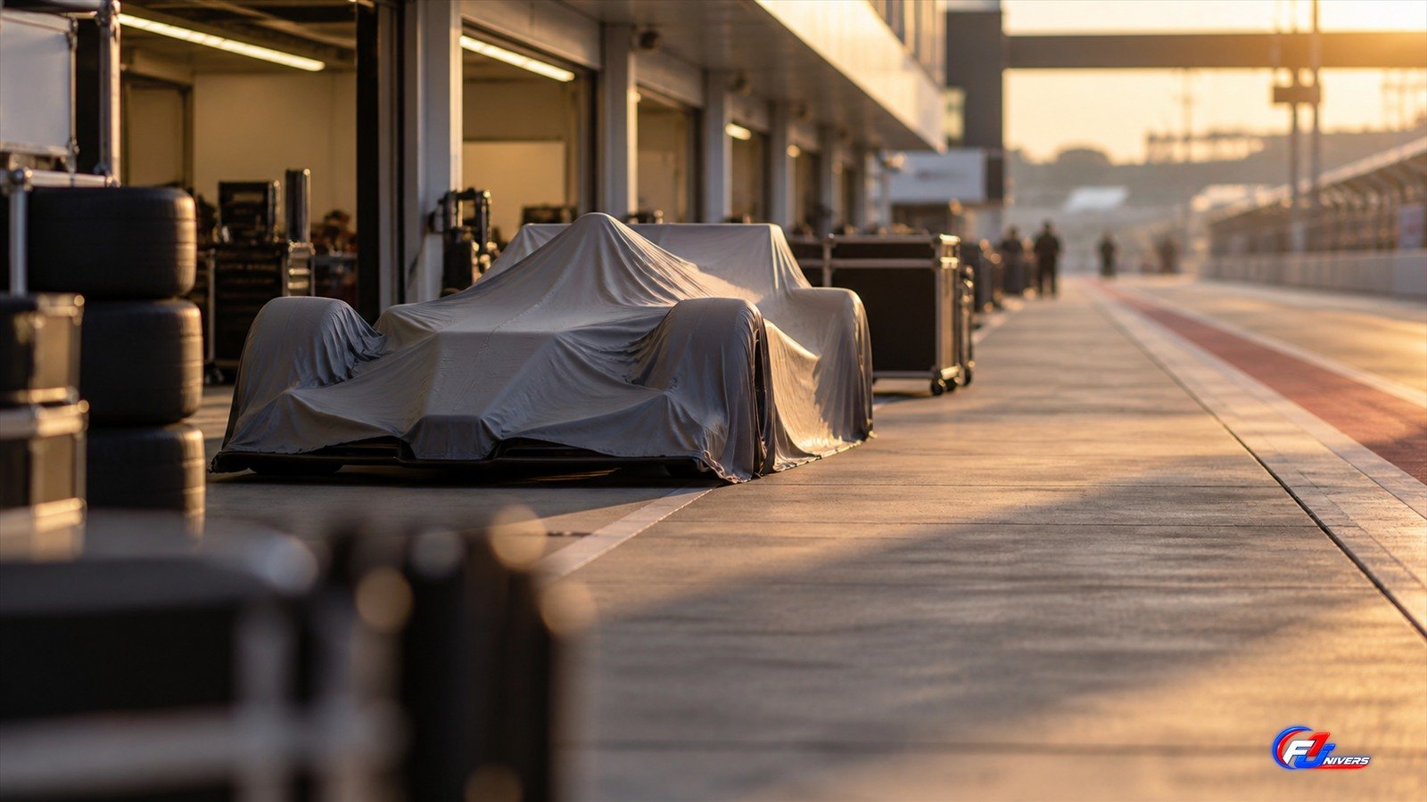 Visuel éditorial généré par IA d’une monoplace générique dans un paddock fictif au soleil couchant