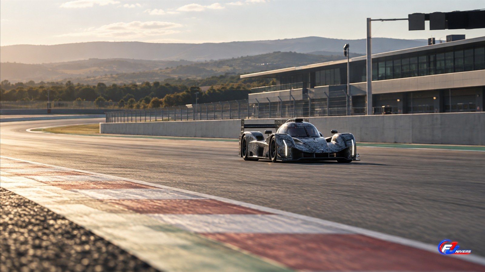 Visuel éditorial généré par IA d’un prototype générique fictif en essai sur circuit