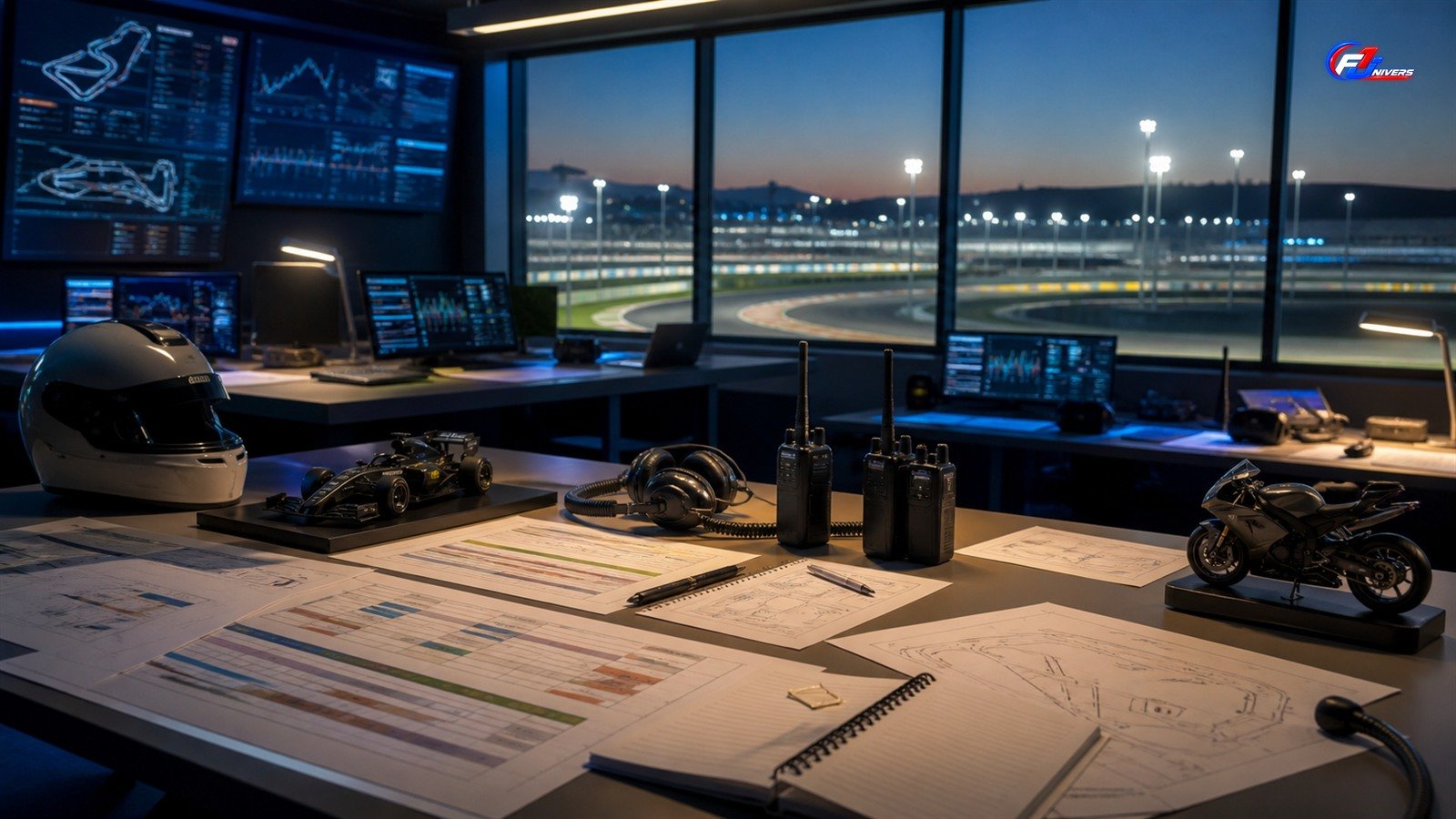 Salle de contrôle fictive donnant sur un circuit éclairé, illustrant la préparation d’un week-end de course