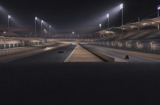 Circuit nocturne fictif illustrant les préparatifs d’un rendez-vous F1 et MotoGP