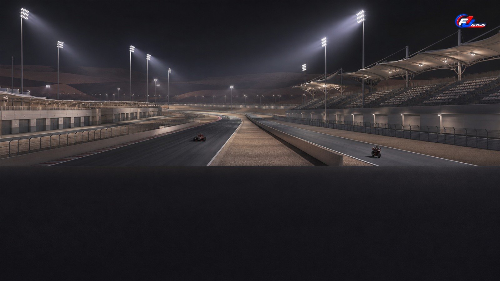 Circuit nocturne fictif illustrant les préparatifs d’un rendez-vous F1 et MotoGP