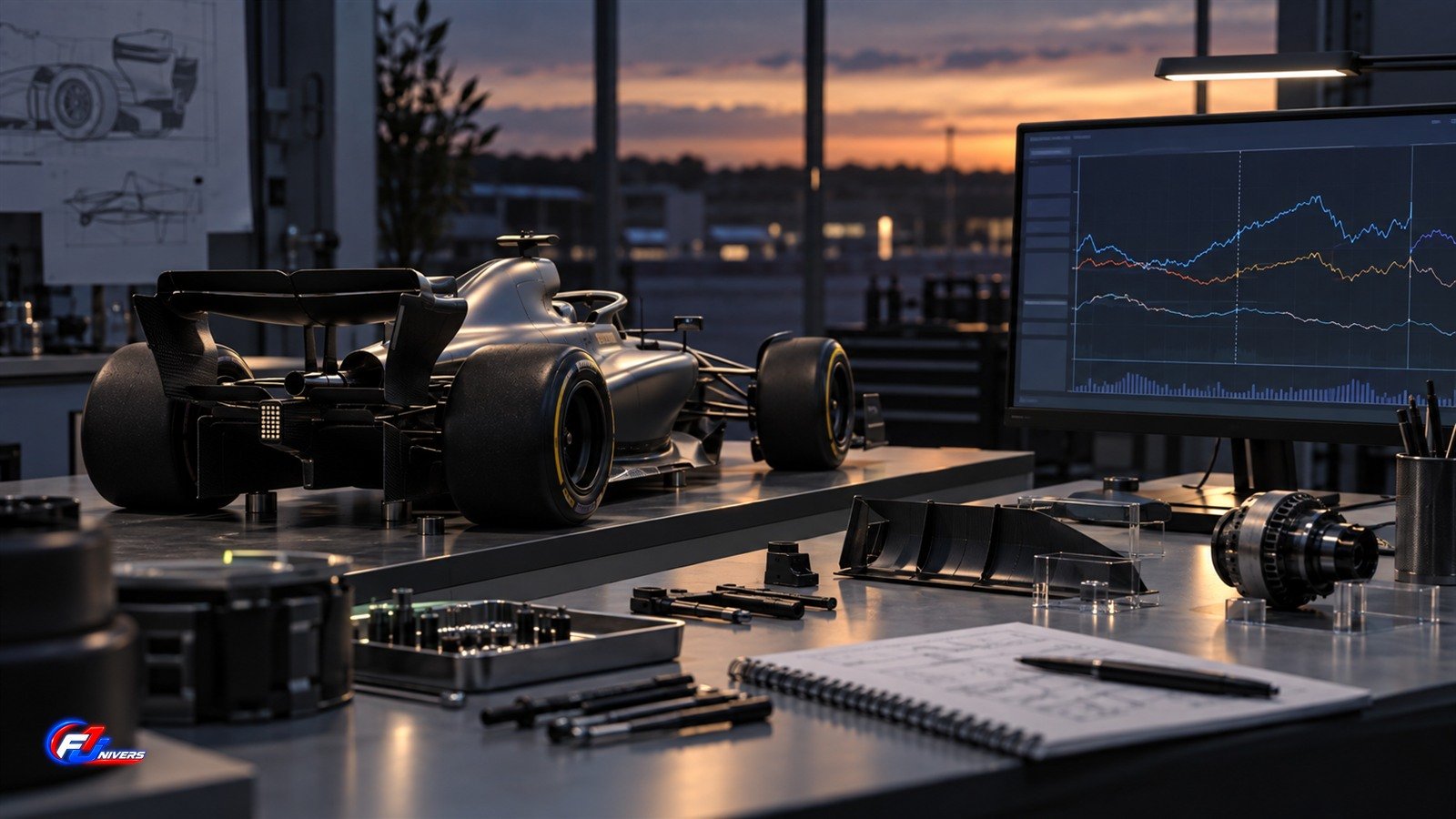 Problème Red Bull : visuel éditorial généré par IA d'une analyse fictive de performance sur une maquette de monoplace anonyme.