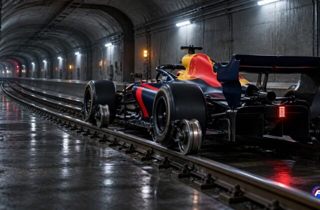 Visuel éditorial généré par IA pour F1 Univers : monoplace fictive bleu nuit, rouge et jaune sur des rails dans un tunnel imaginaire