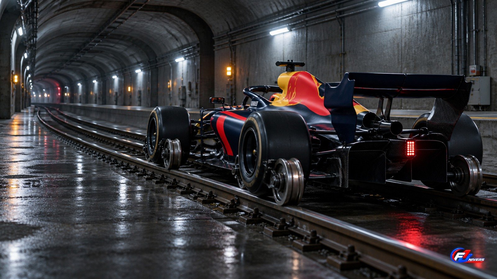 Visuel éditorial généré par IA pour F1 Univers : monoplace fictive bleu nuit, rouge et jaune sur des rails dans un tunnel imaginaire