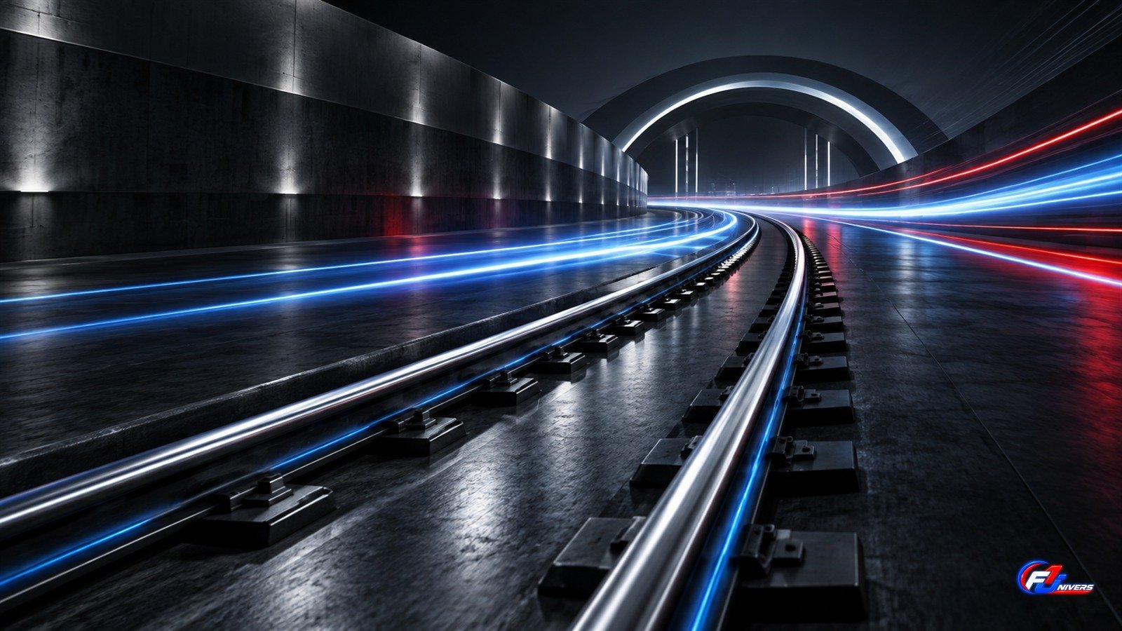 Visuel abstrait généré par IA de rails sombres traversés par des traînées lumineuses rouges et bleues