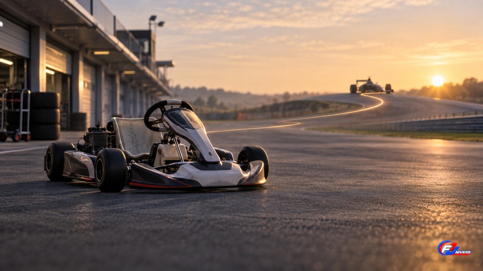 Illustration IA d un kart générique relié à une monoplace générique pour évoquer un parcours de formation