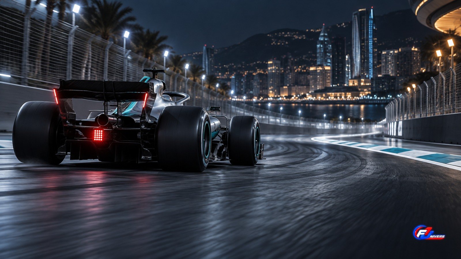 Russell relance le championnat : visuel éditorial IA fictif d une monoplace générique sur un circuit nocturne, symbolisant une remontée au championnat.