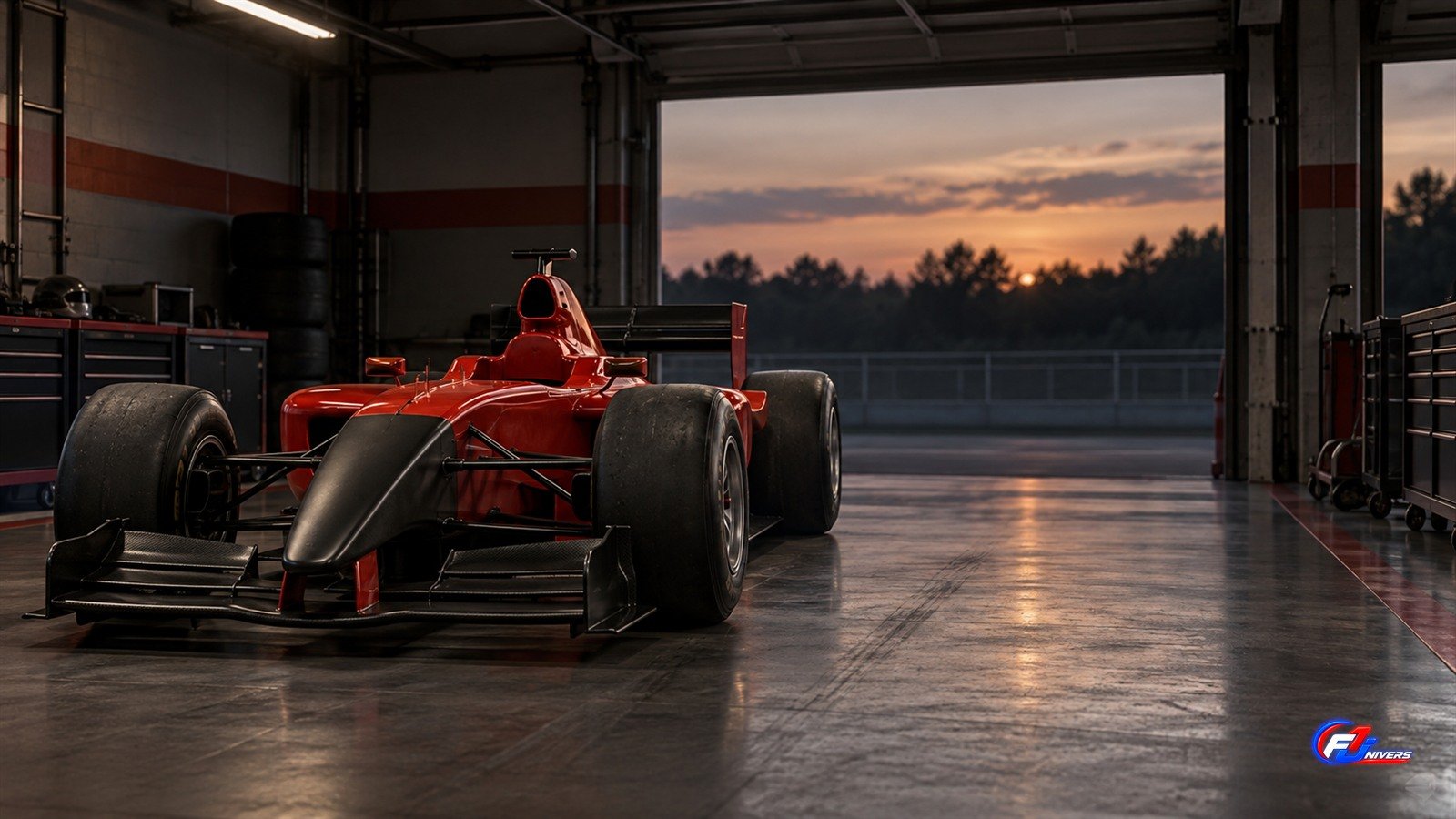 Visuel éditorial Schumacher Monza 2001 : monoplace fictive dans un garage au nez noir mat.