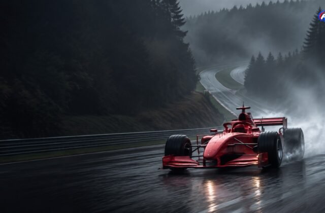 Monoplace historique fictive rouge sur un circuit forestier sous la pluie