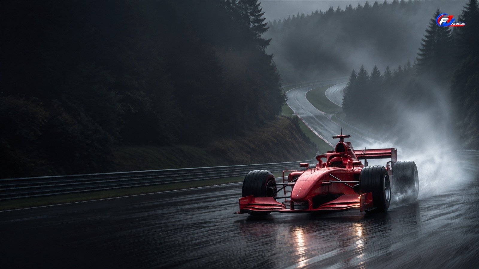 Monoplace historique fictive rouge sur un circuit forestier sous la pluie