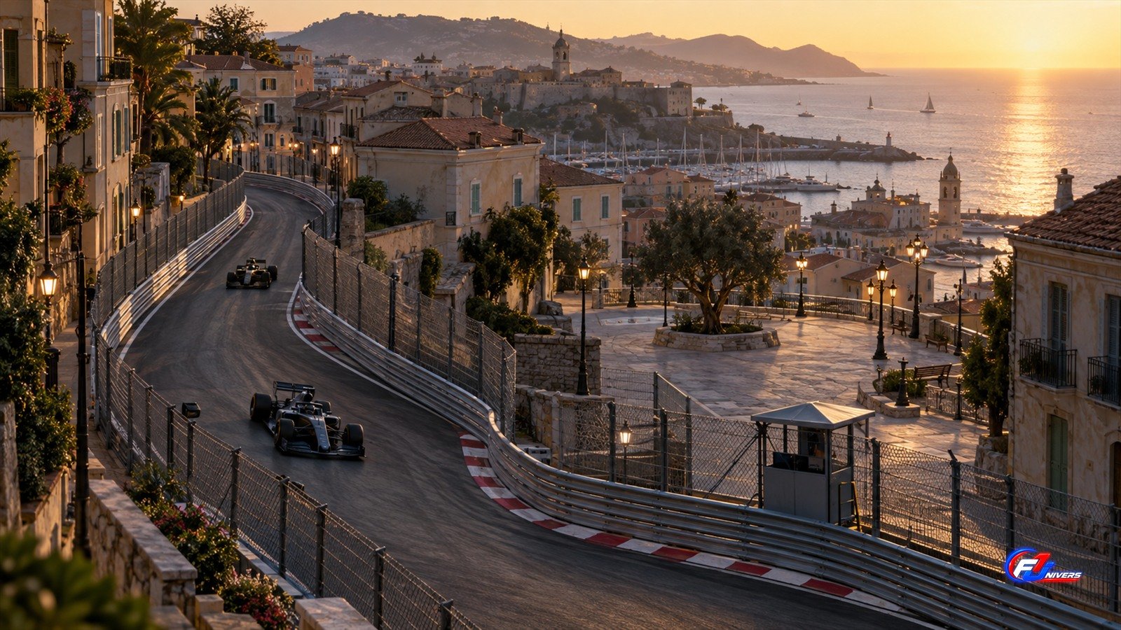 Sprint de Monaco en F1 : visuel éditorial IA d un circuit urbain côtier fictif avec deux monoplaces génériques.