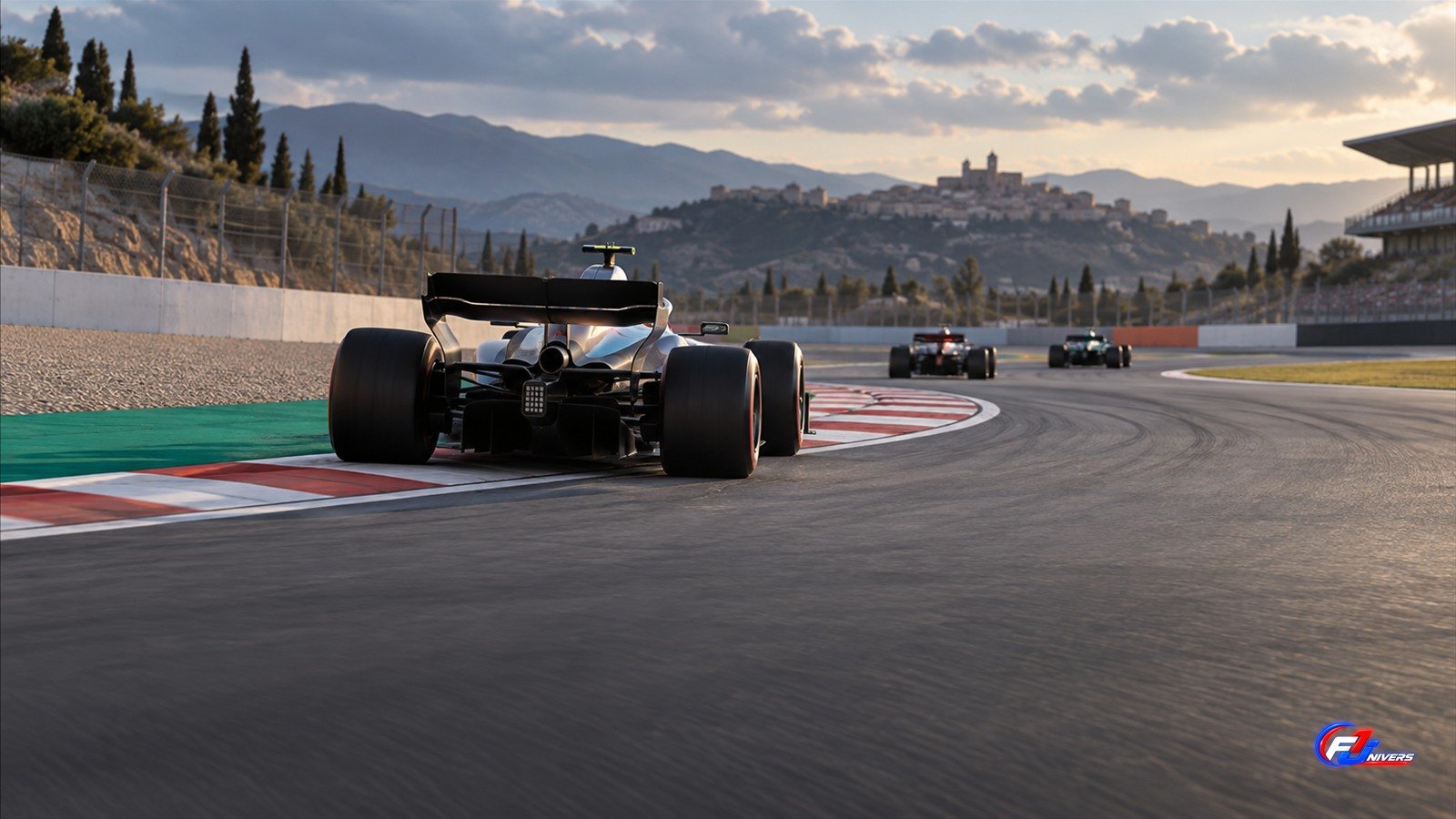 Visuel éditorial généré par IA montrant trois monoplaces génériques sur un circuit fictif
