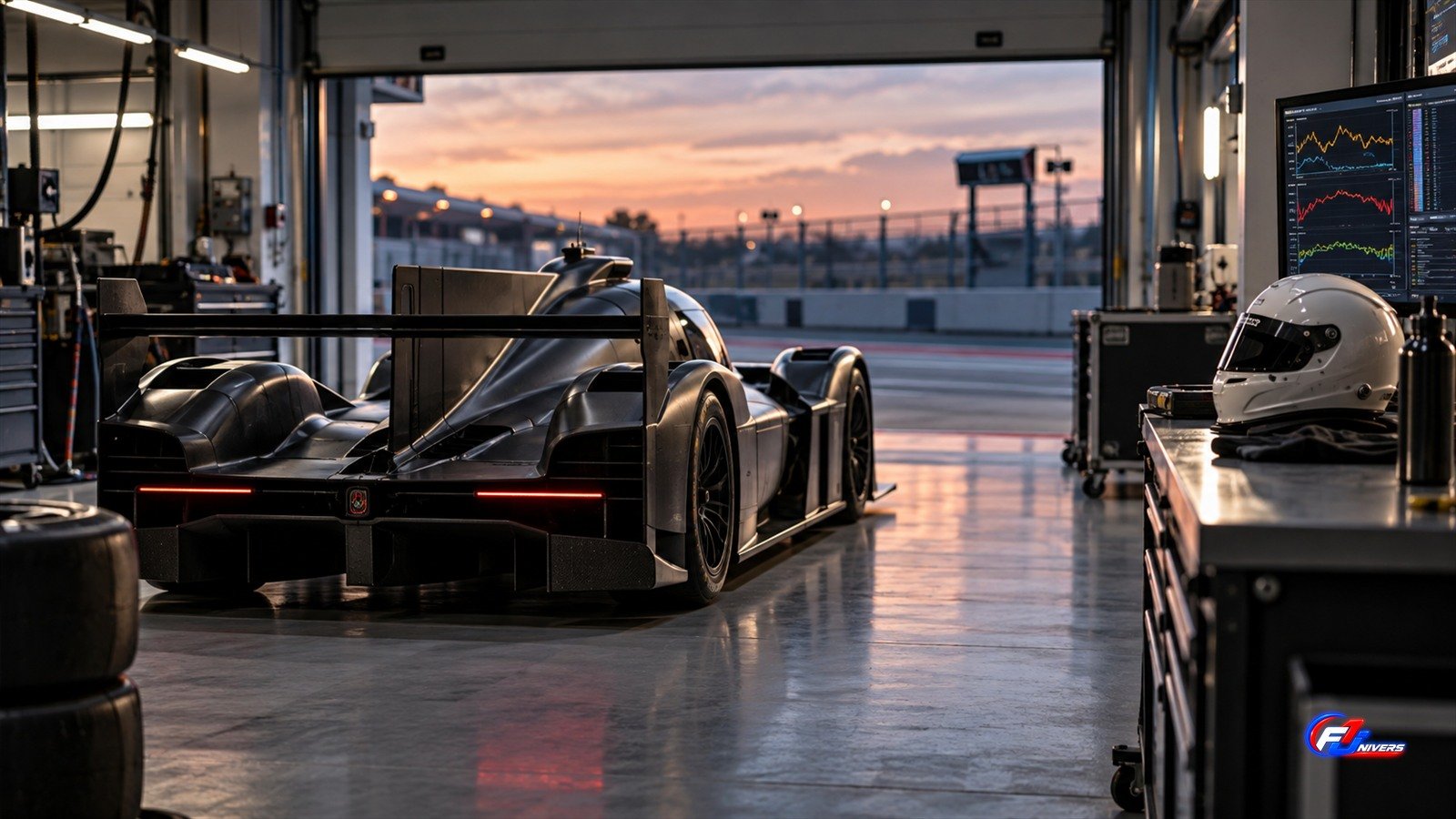 Test Hypercar de Norris : visuel éditorial IA d un atelier fictif de mise au point d un prototype.