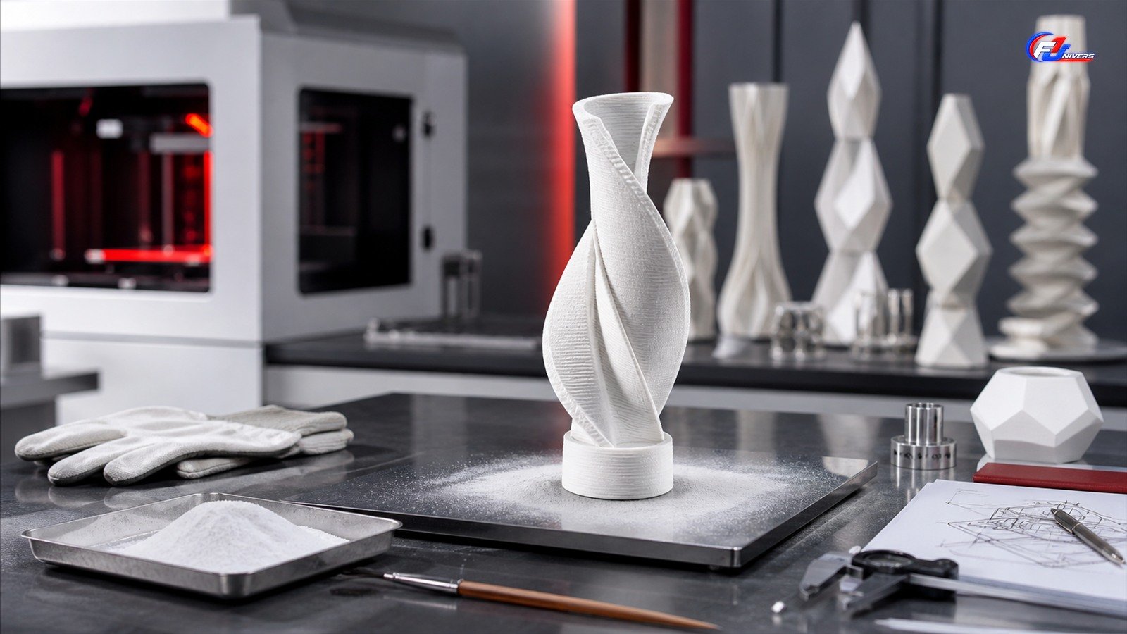 Atelier fictif d’impression 3D illustrant la fabrication d’un objet artistique