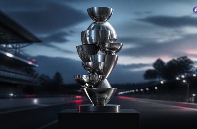 Interprétation fictive d’un trophée métallique composé de formes empilées sur un circuit