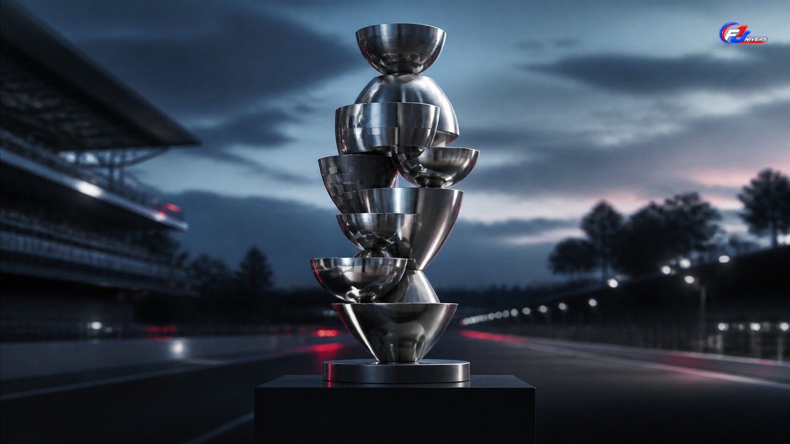 Interprétation fictive d’un trophée métallique composé de formes empilées sur un circuit