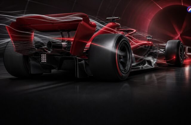 Monoplace fictive rouge dans un tunnel aérodynamique illustrant la recherche technique