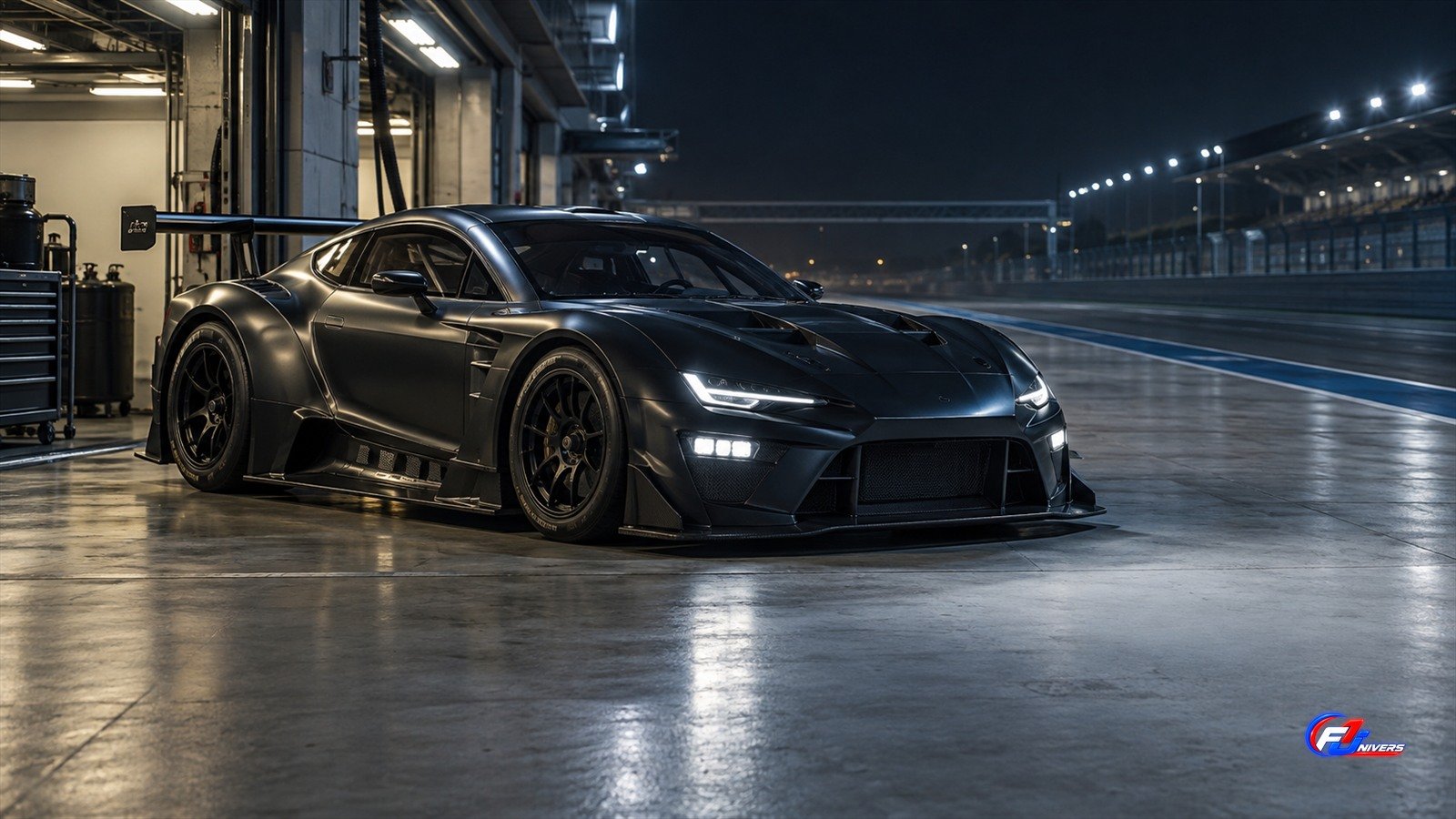 Verstappen écarte Le Mans en 2027 : visuel éditorial IA d une voiture de grand tourisme fictive dans un garage nocturne.