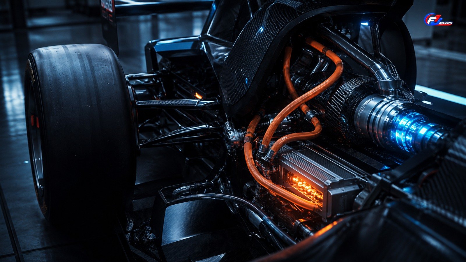 Composants hybrides génériques et câbles orange et bleus à l’arrière d’une monoplace, visuel éditorial généré par IA pour F1 Univers.