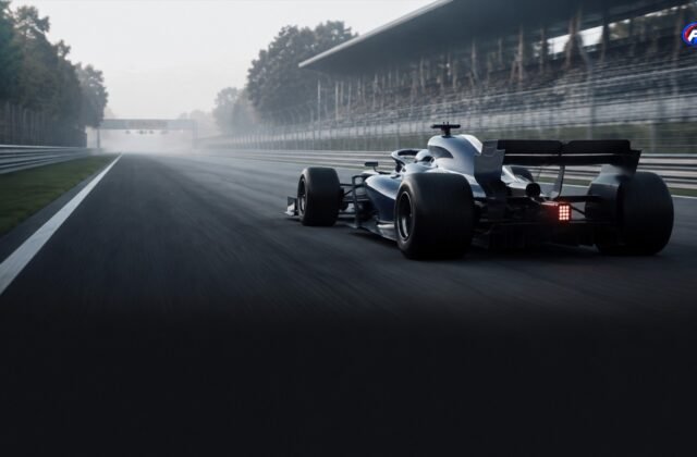 Monoplace générique bleu nuit et blanche sur une longue ligne droite italienne, visuel éditorial généré par IA pour F1 Univers.