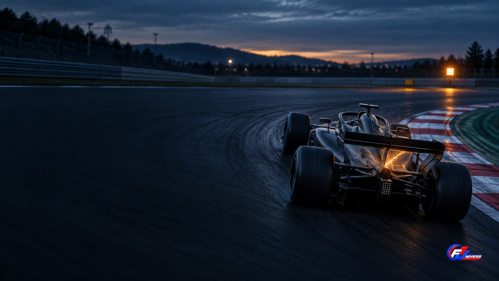 Verstappen à Bakou : visuel éditorial IA fictif d une monoplace générique avec une énergie arrière symboliquement en baisse.
