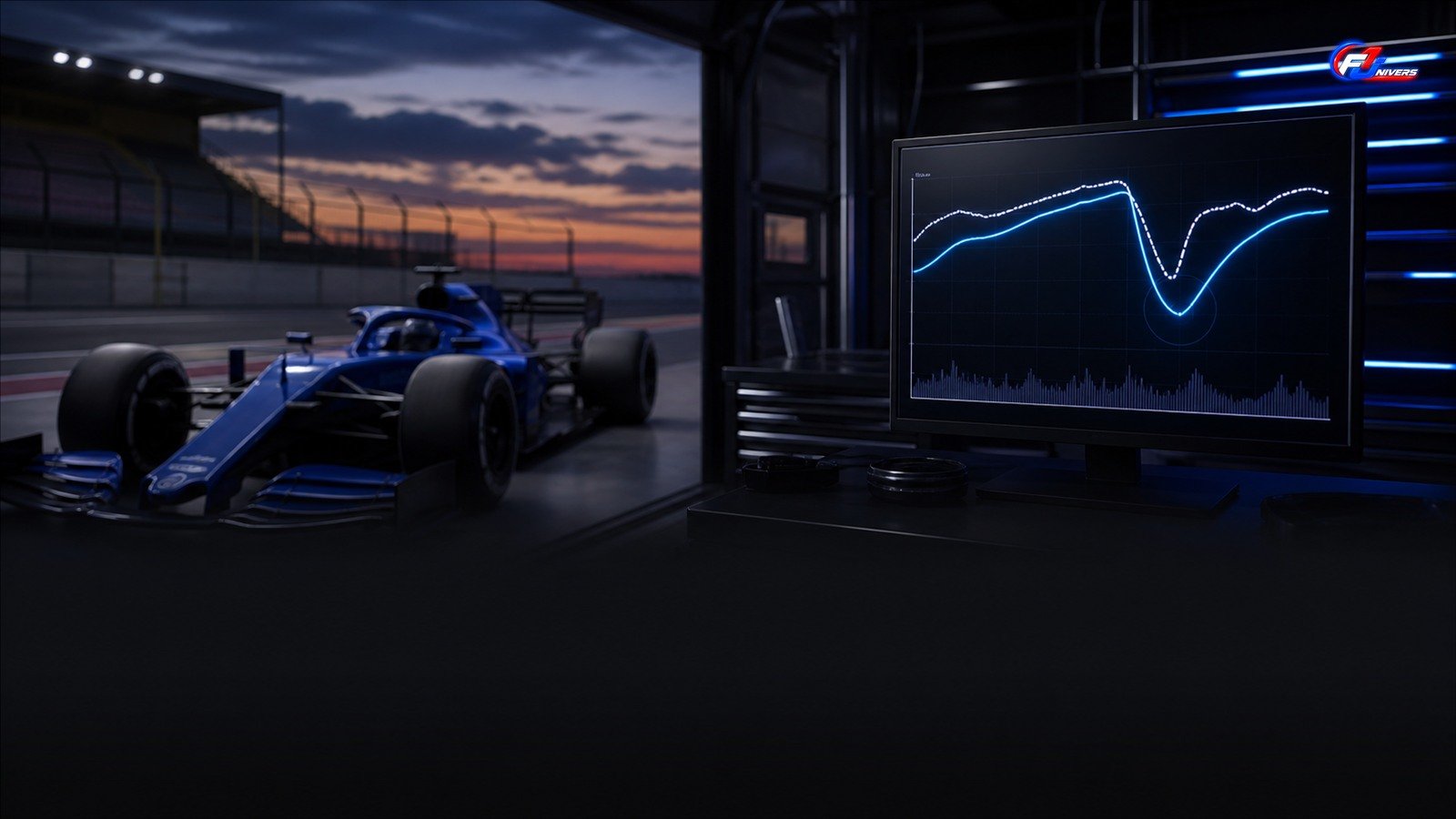 Monoplace fictive bleue et courbe de performance conceptuelle dans un garage